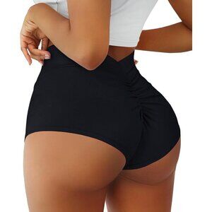 Women Black High Waist Yoga Booty Shorts V Back Scrunch Spandex Pants Bottoms